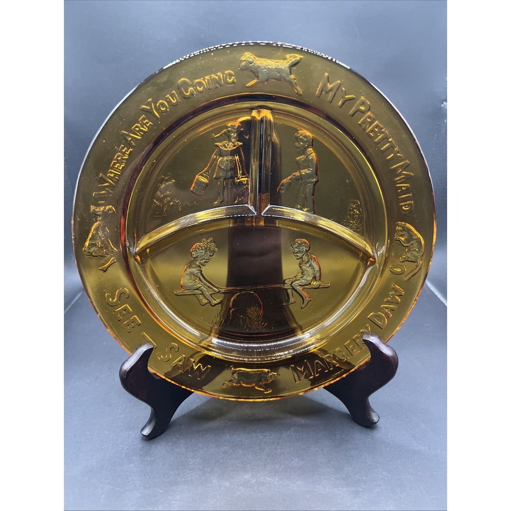Vintage Tiara Indiana Glass Amber Nursery Rhyme Child Divided Plate Margery Daw